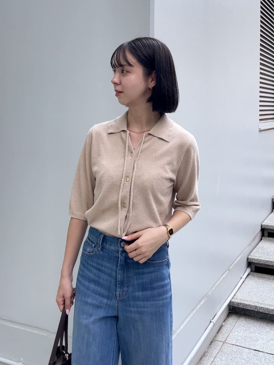 NATSUMIさんの「grove｜華やぐラメモールで秋先取り　衿付きプルオーバーニット」を使ったコーディネート