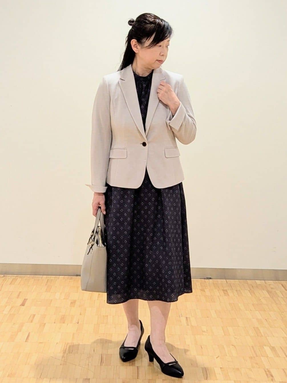 なおさんの「Reflect｜【きちんと見え／通勤／セレモニーにおすすめ◎】ドット&times;ダイヤ柄ワンピース」を使ったコーディネート
