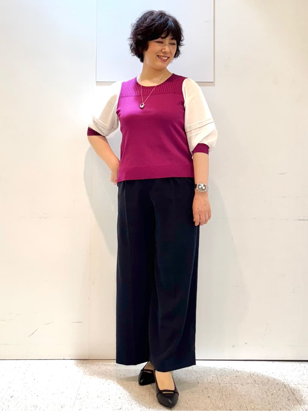 ヤスコさんの「Reflect｜【WEB先行カラーあり／手洗い可】ジョーゼットスリーブ&times;ニット」を使ったコーディネート