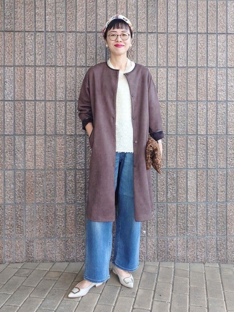MUTSUKOさんの「UNTITLED｜【洗える/軽羽織り】マシュマロタッチ　スエード調コート」を使ったコーディネート