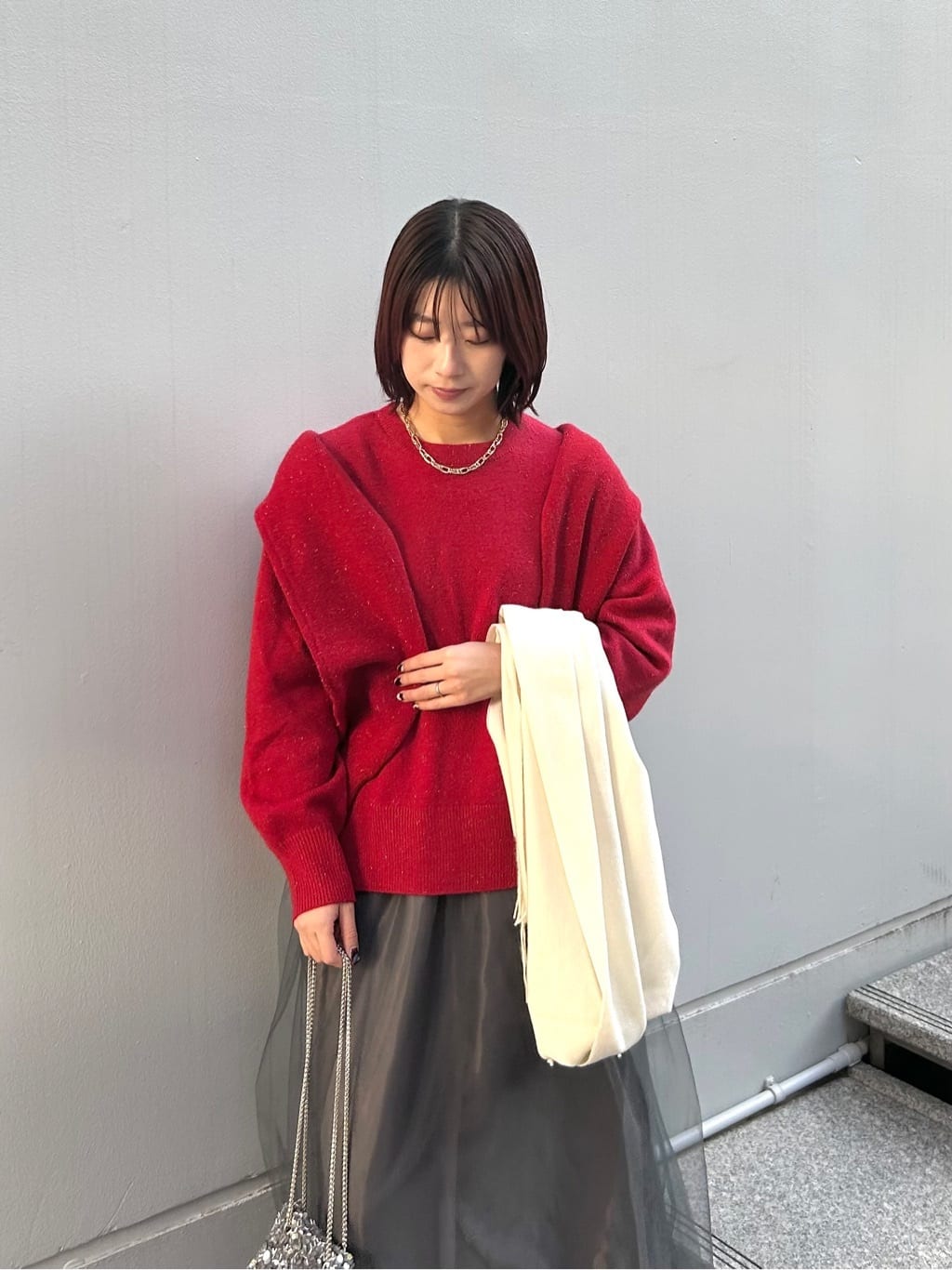RINAさんの「OPAQUE.CLIP｜金ボタンラメニットカーディガン【洗濯機OK】」を使ったコーディネート
