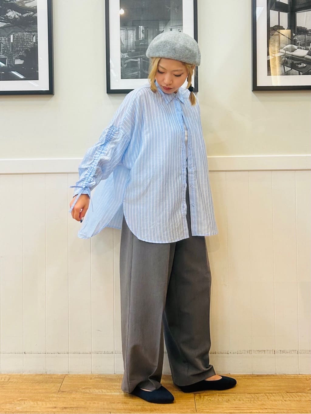 あんこさんの「SHOO･LA･RUE｜【S-LL】程よい透け感 ストライプ柄 お袖ギャザーデザインシャツ」を使ったコーディネート