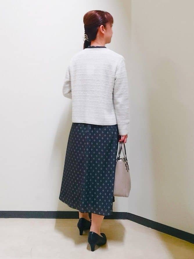 花さんの「Reflect｜【きちんと見え／通勤／セレモニーにおすすめ◎】ドット&times;ダイヤ柄ワンピース」を使ったコーディネート