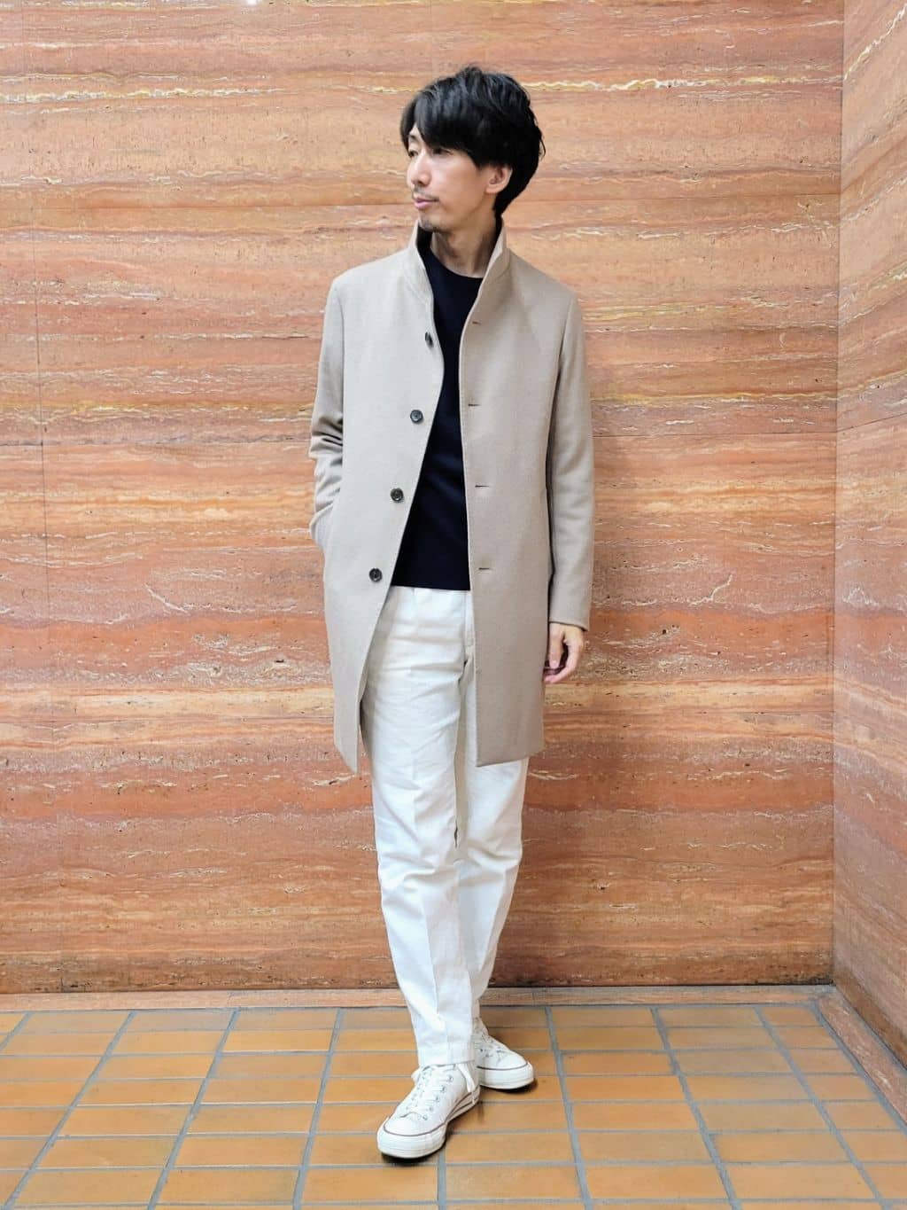 piroyaさんの「TAKEO KIKUCHI｜【ウールカシミヤブレンド】ビーバー調 スタンドカラー コート」を使ったコーディネート