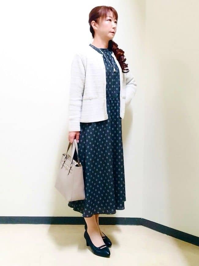 花さんの「Reflect｜【きちんと見え／通勤／セレモニーにおすすめ◎】ドット&times;ダイヤ柄ワンピース」を使ったコーディネート