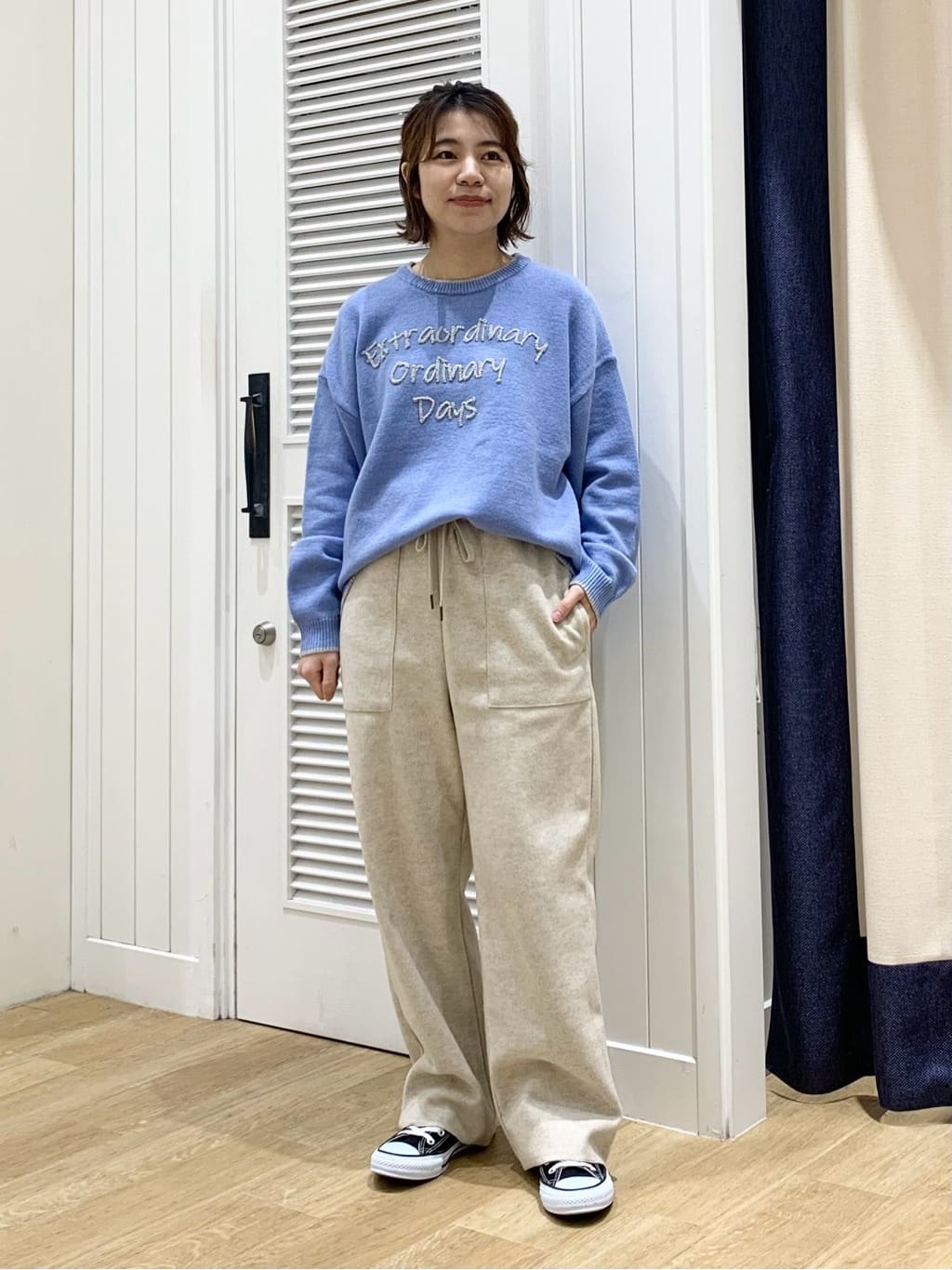 IMARIさんの「Dessin｜【洗える】ペイント風刺繍入り配色ラインニット」を使ったコーディネート