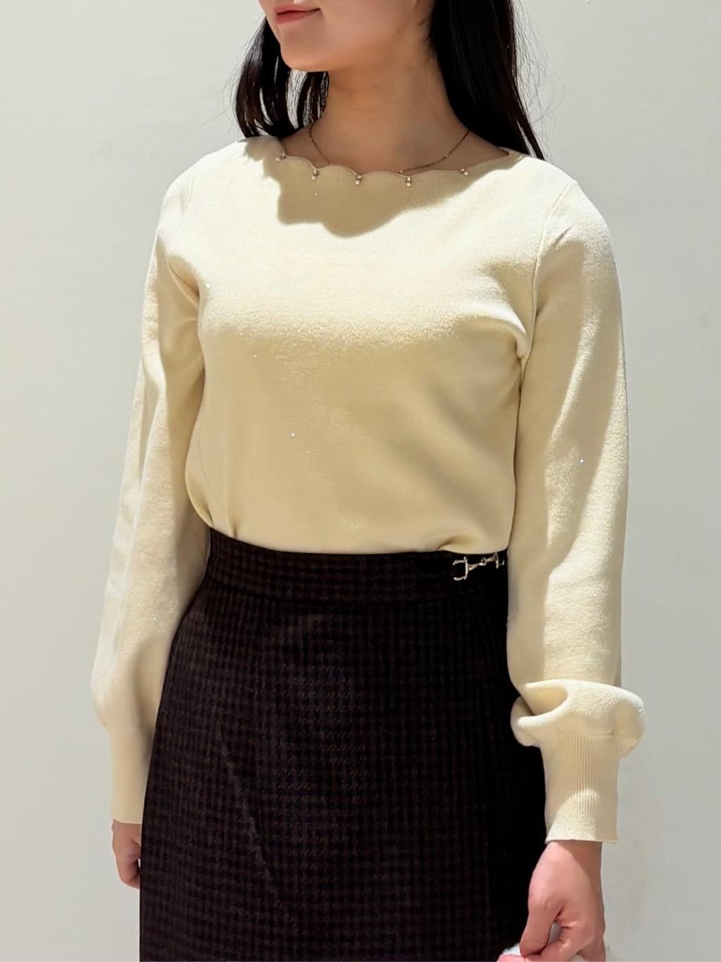 きみさんの「OPAQUE.CLIP｜ラメスカラップビジューデザインニット【洗濯機OK】《6col／S～LL》」を使ったコーディネート