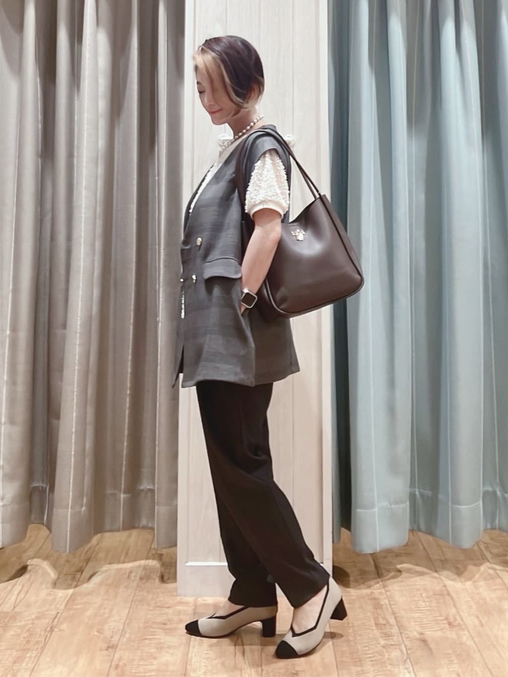 aaamiさんの「SHOO･LA･RUE｜【S-LL】大人も着やすい愛らしさ リボンヤーン半袖トップス」を使ったコーディネート