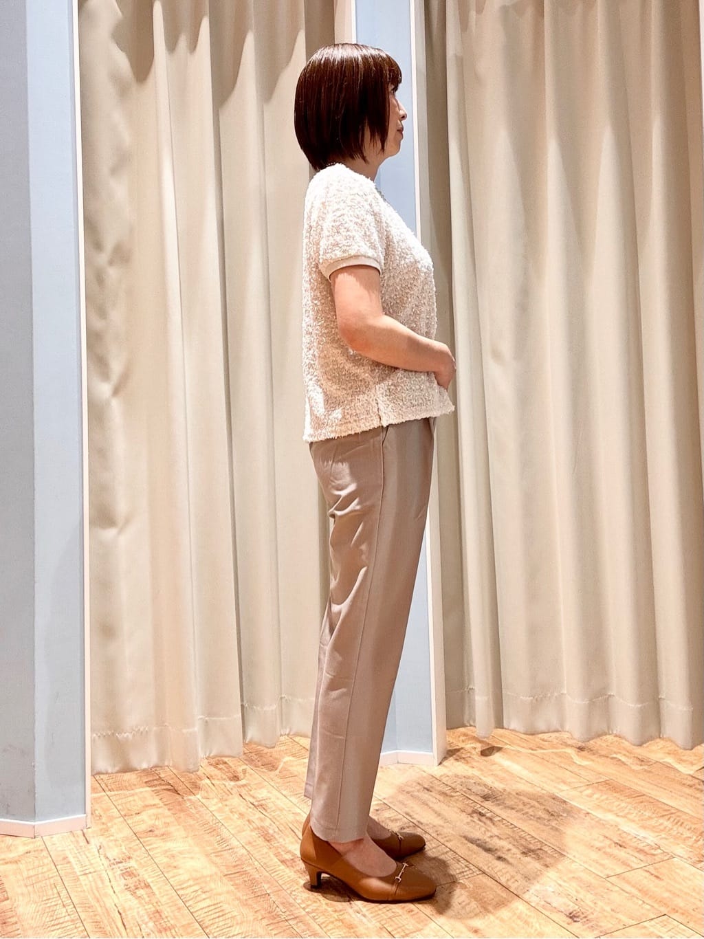 rieさんの「SHOO･LA･RUE｜【S-LL】大人も着やすい愛らしさ リボンヤーン半袖トップス」を使ったコーディネート