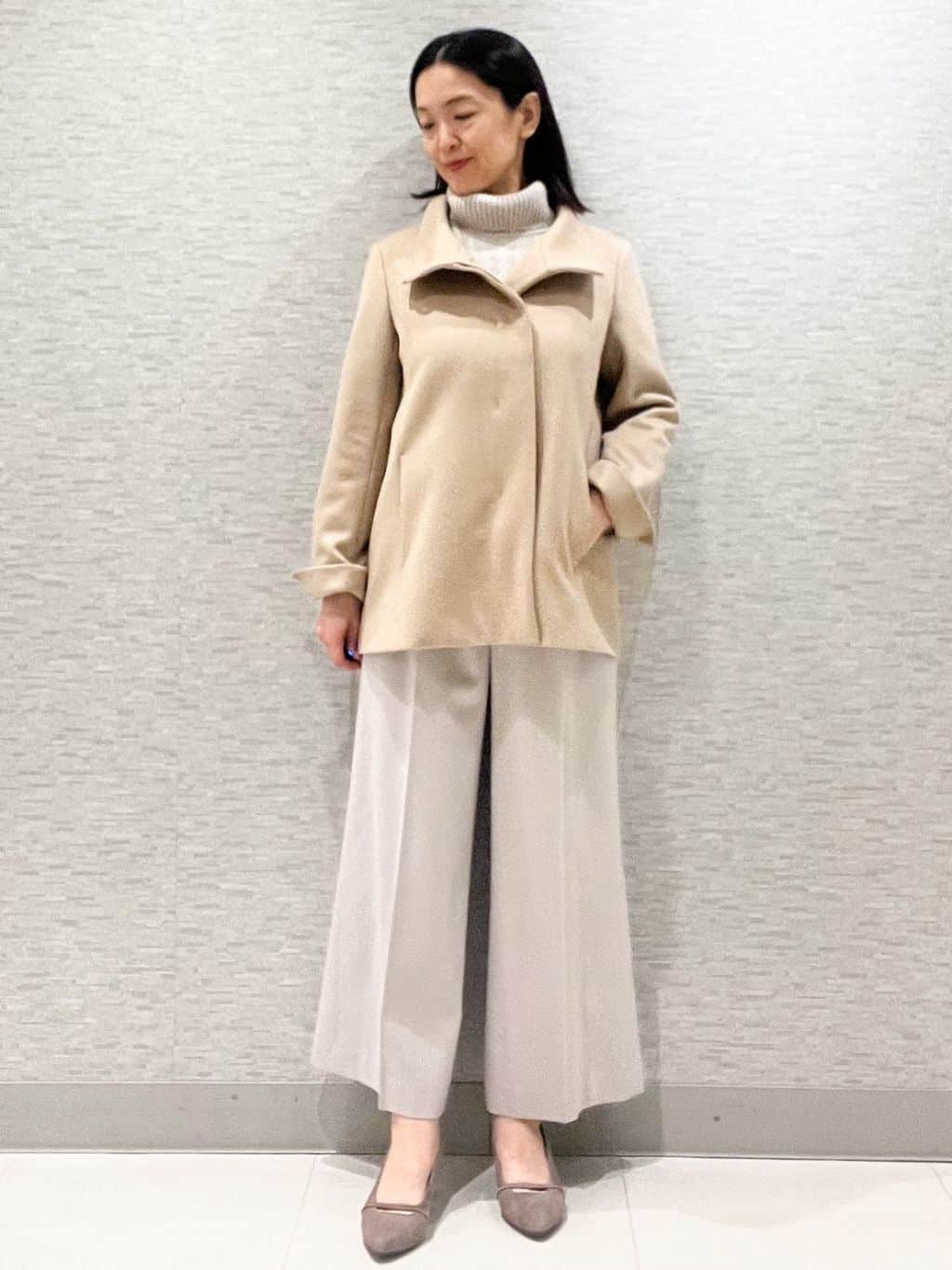 marikoさんの「Reflect｜【SS-4Lサイズ／衿が顔に当たらない◎】スタンドネックミドルコート」を使ったコーディネート