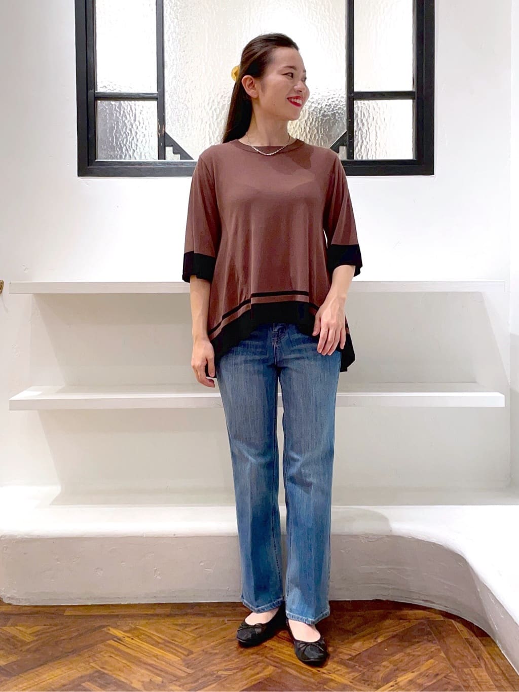 あんりさんの「grove｜涼やか体型カバー　配色シアーニットプルオーバー」を使ったコーディネート