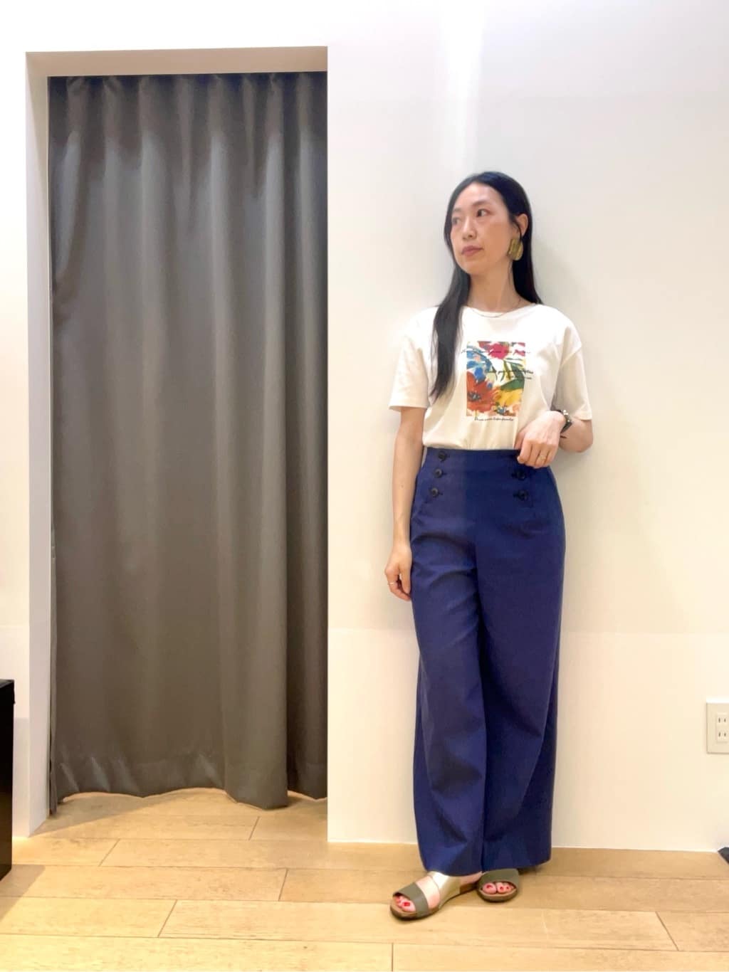 yukoさんの「INDIVI｜【デニムライク】マリンボタン リネン混ワイドパンツ」を使ったコーディネート