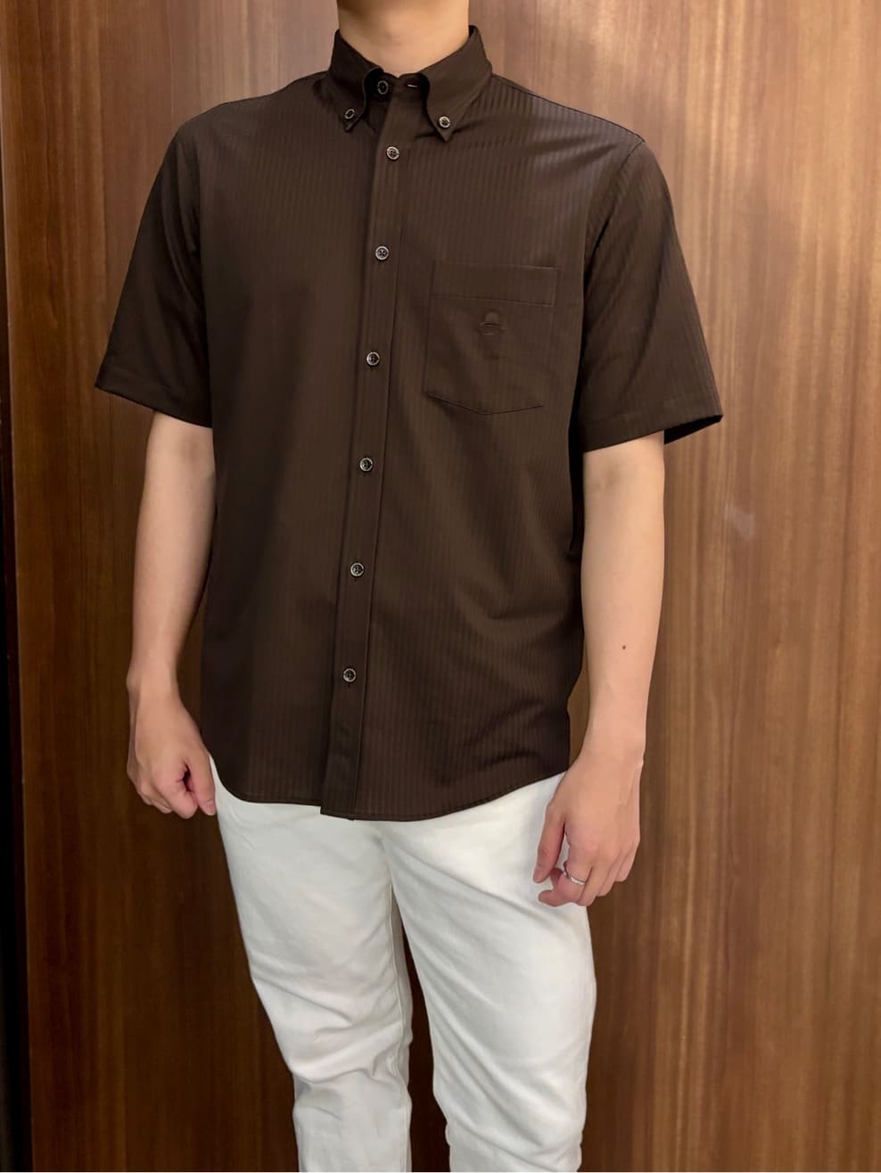 中村さんの「TAKEO KIKUCHI｜【COOL CITY WEAR】ストライプジャージ ボタンダウンシャツ /接触冷感」を使ったコーディネート