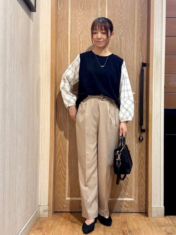 KAORIさんの「SHOO･LA･RUE｜【高レビュー/S-LL】1枚で決まる お袖チェック 異素材使いトップス」を使ったコーディネート