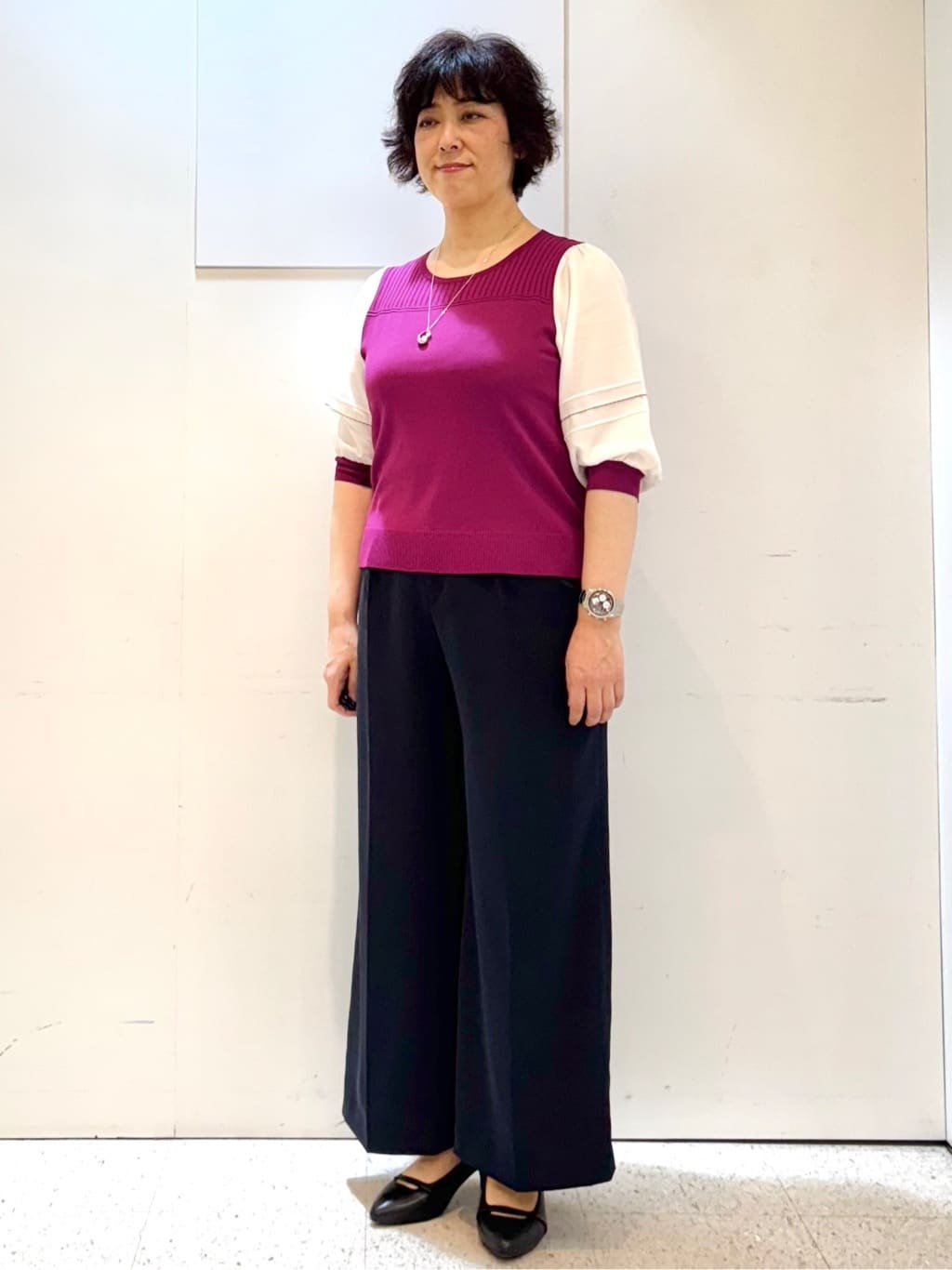 ヤスコさんの「Reflect｜【WEB先行カラーあり／手洗い可】ジョーゼットスリーブ&times;ニット」を使ったコーディネート