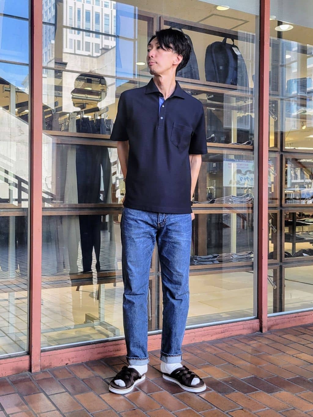 piroyaさんの「TAKEO KIKUCHI｜【抗菌防臭／9色5サイズ展開】ハニカムメランジ ポロシャツ」を使ったコーディネート