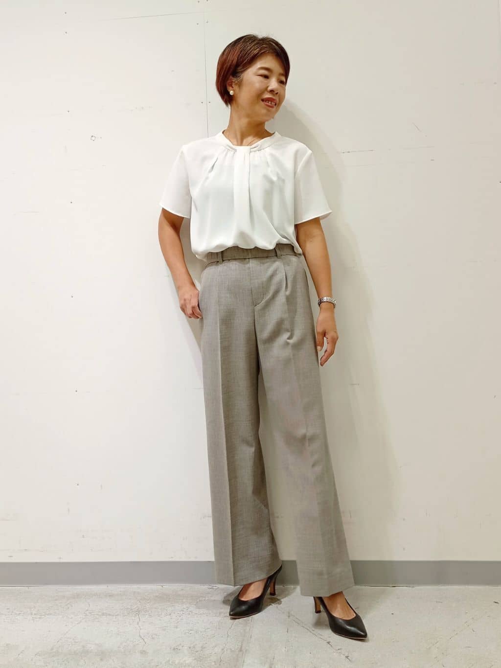 Kさんの「INDIVI｜【UVケア】モノグラム ボウタイデザインブラウス」を使ったコーディネート