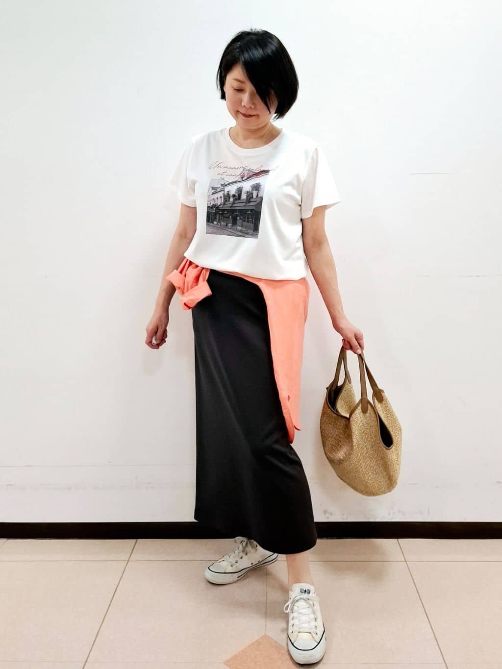 ねぎさんの「UNTITLED｜【後ろウエストゴム/ストレッチ性/オンオフ】ジャージナロースカート」を使ったコーディネート