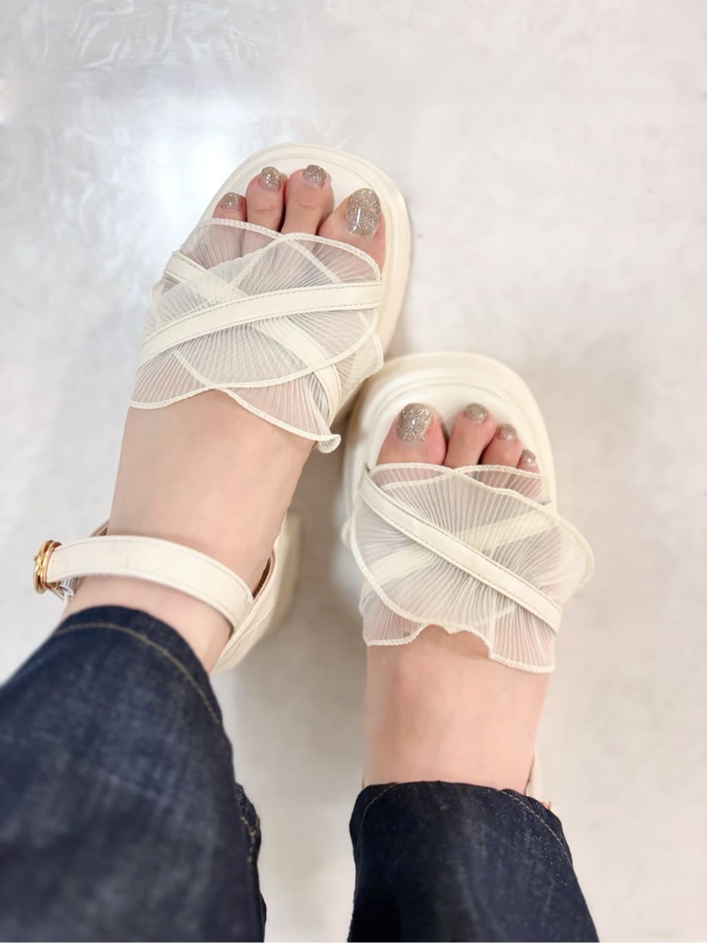 sakiさんの「ESPERANZA｜チュールフリルサンダル」を使ったコーディネート