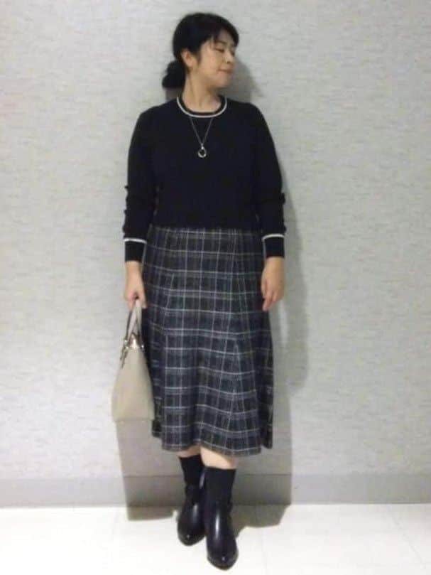 sakoさんの「Reflect｜【コートインでもすっきり◎】チェック柄ニットドッキングワンピース」を使ったコーディネート