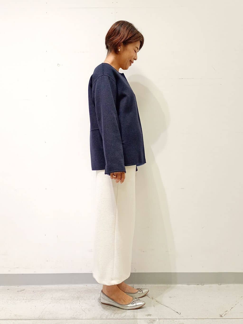 Kさんの「INDIVI｜【配色デザイン／ショート丈】ウールリバー ノーカラーコート」を使ったコーディネート