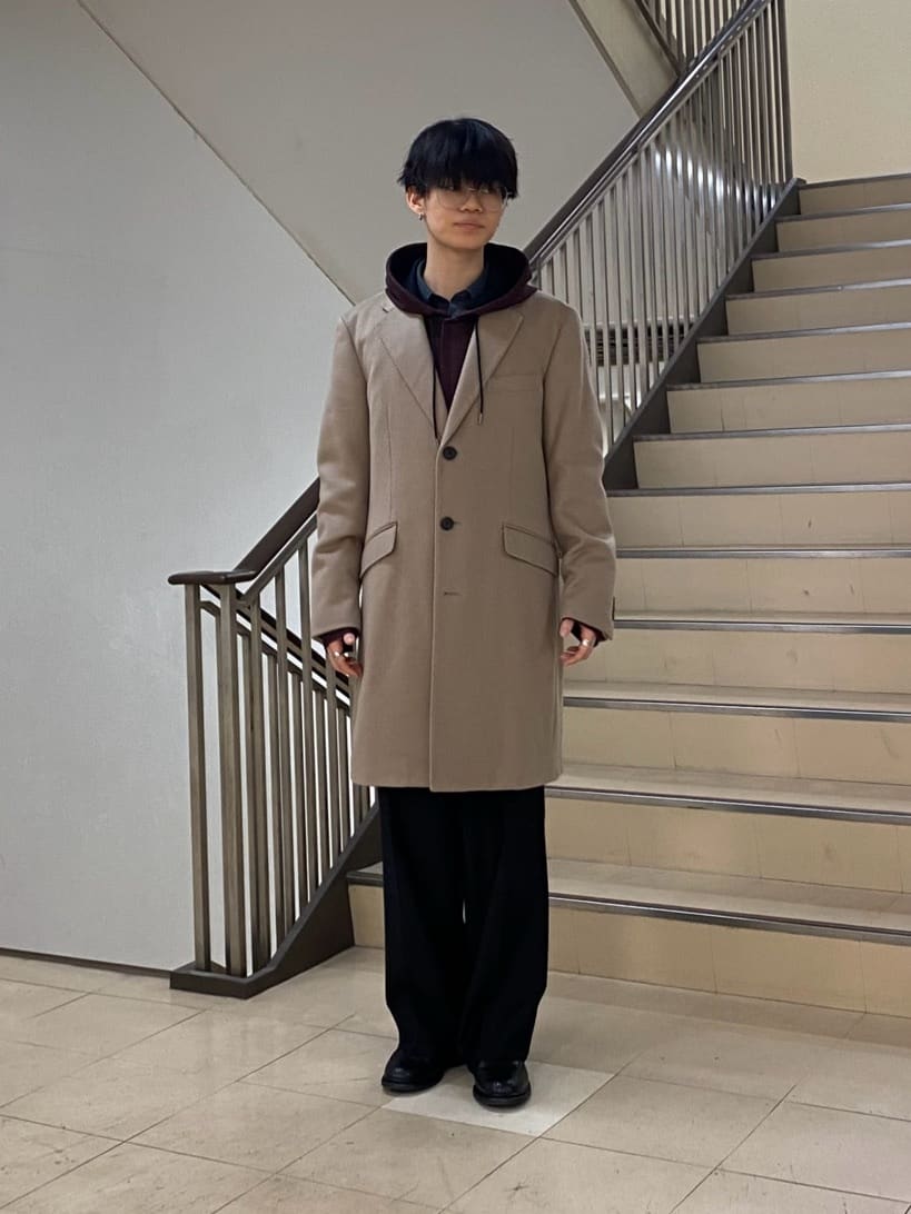 キムラさんの「TAKEO KIKUCHI｜カシミヤブレンド ビーバー調チェスターコート」を使ったコーディネート