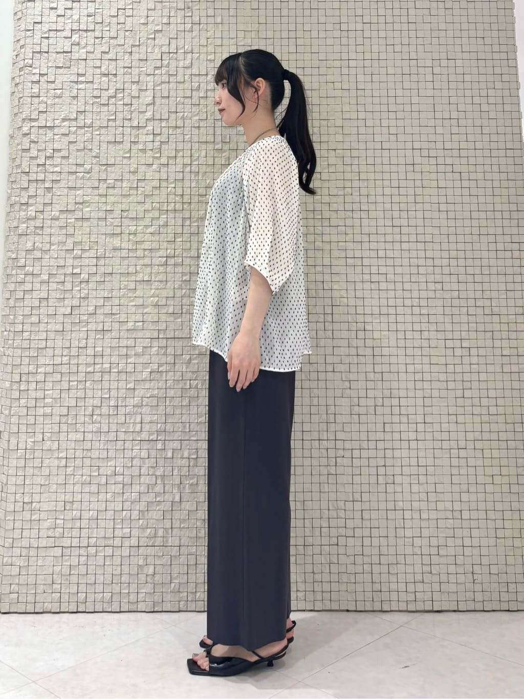 ibukiさんの「INDIVI｜◆【洗える／ドット柄／凹凸素材】袖コンシャスドルマンブラウス」を使ったコーディネート