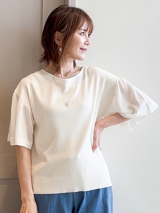 yamakoさんの「grove｜【嬉しい機能付き】やわらかドライタッチシアーフレアスリーブニット」を使ったコーディネート