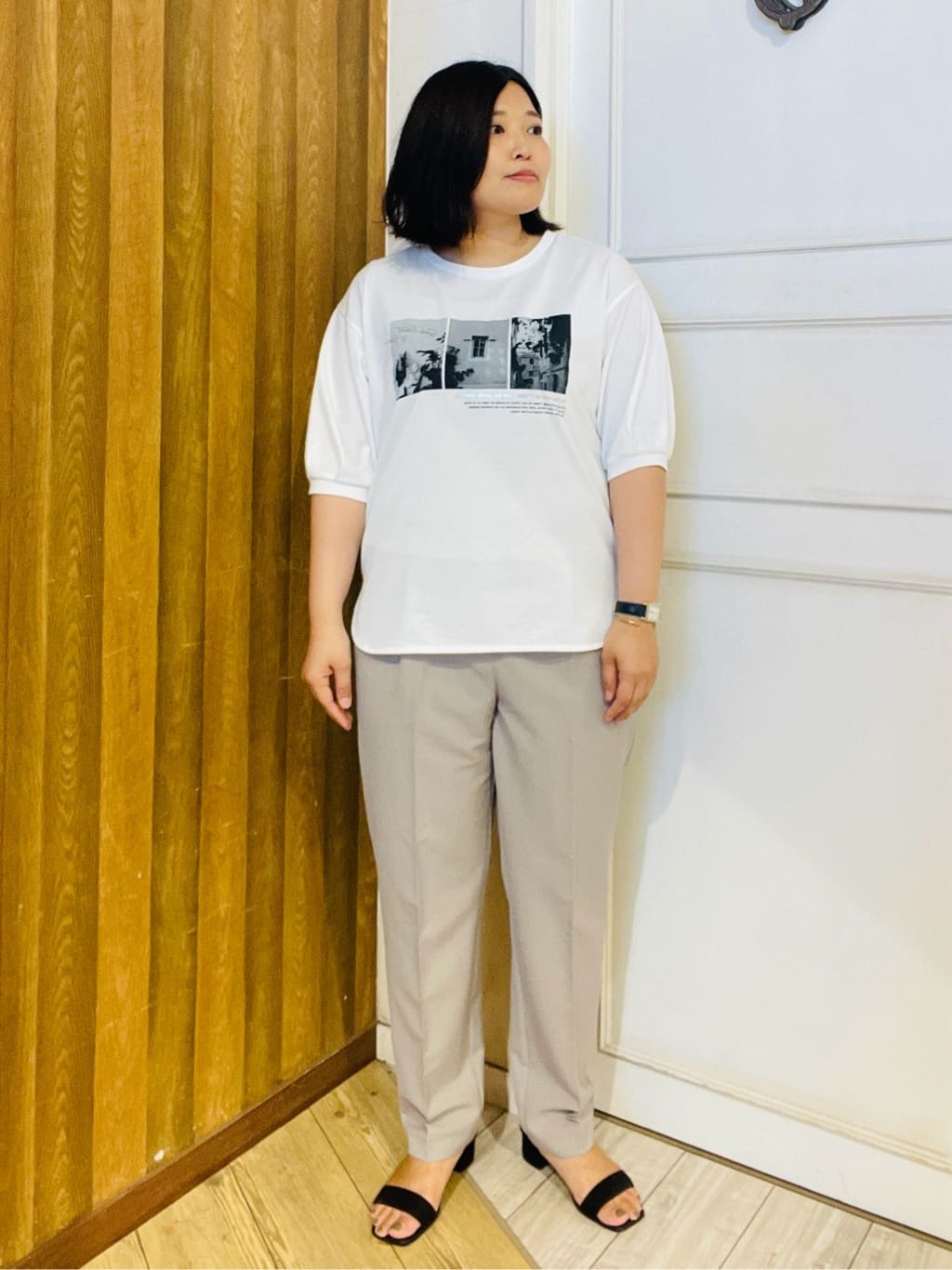 すーさんの「SHOO･LA･RUE｜【ひんやり/S-LL】大人の五分袖プリントTシャツ」を使ったコーディネート