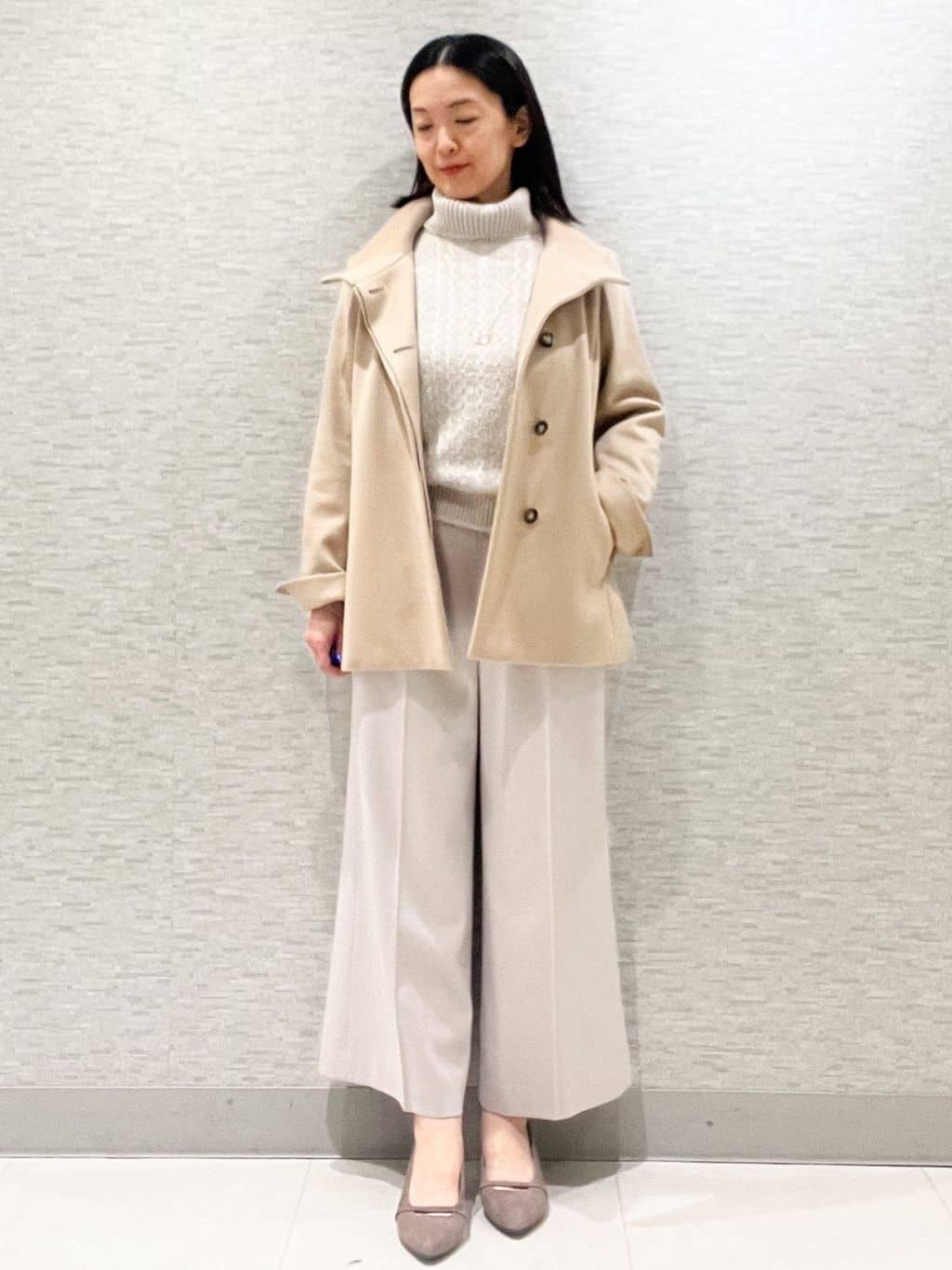 marikoさんの「Reflect｜【SS-4Lサイズ／衿が顔に当たらない◎】スタンドネックミドルコート」を使ったコーディネート