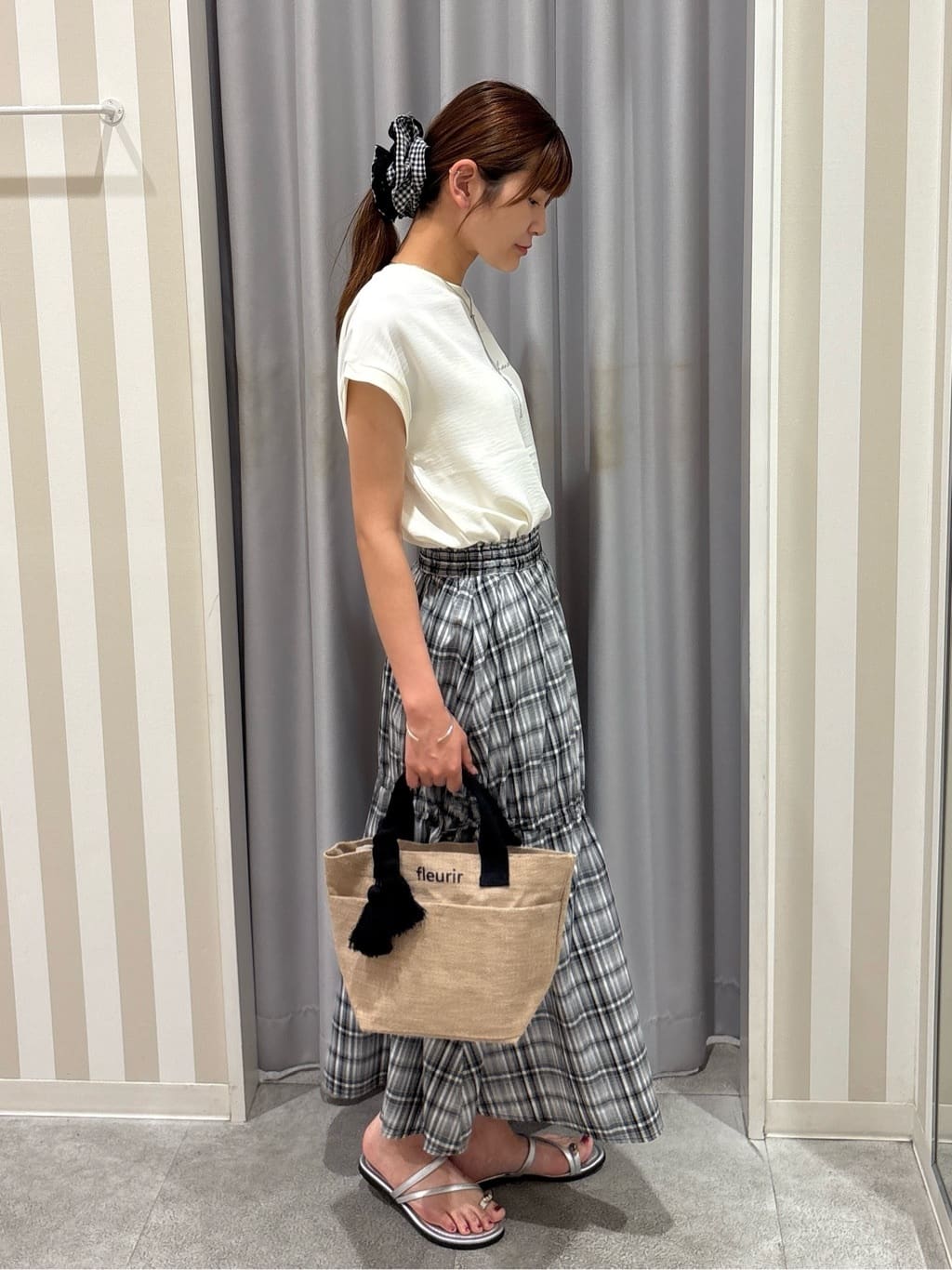 Rikaさんの「SHOO･LA･RUE｜【S-LL】シルエットが変えられる チェック柄リボンフレアスカート」を使ったコーディネート