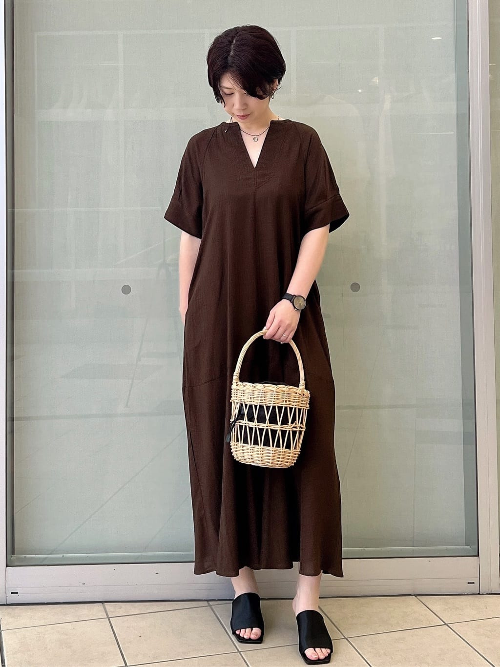 yo-koさんの「OPAQUE.CLIP｜レーヨン麻キーネックワンピース【洗える】」を使ったコーディネート