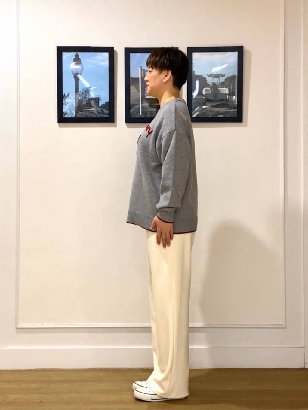 Hiroさんの「Dessin｜【洗える】ペイント風刺繍入り配色ラインニット」を使ったコーディネート