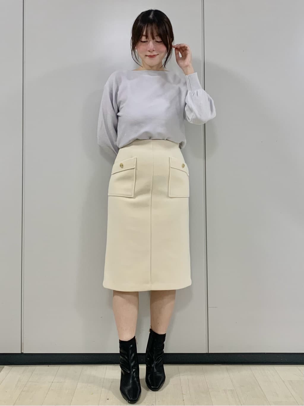kasumiさんの「index｜ラメガーター編みボートネックニット【洗濯機OK】《8col／XS～LL》」を使ったコーディネート