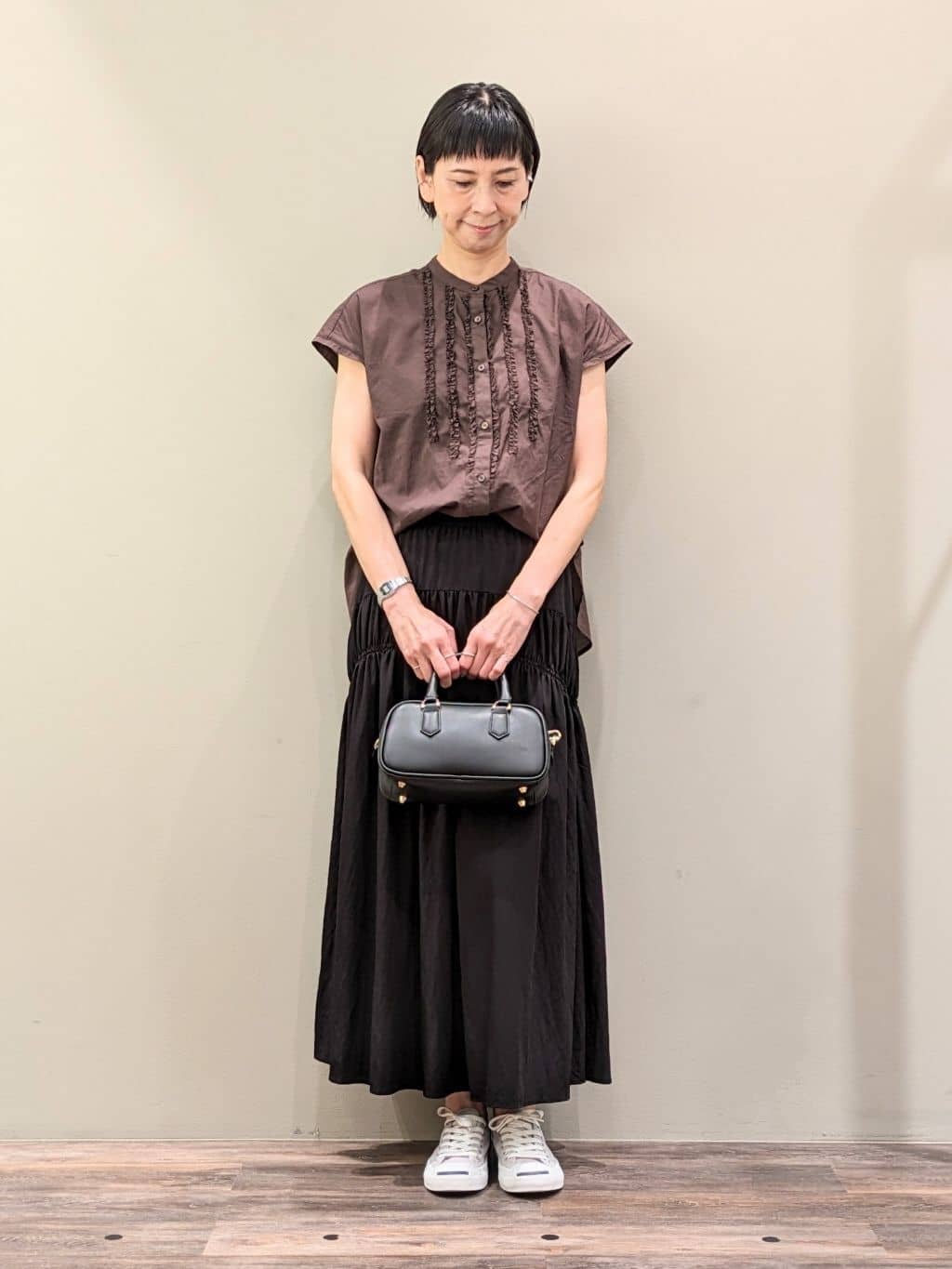 micoさんの「Dessin｜【洗える】スタンドカラーフリルブラウス」を使ったコーディネート
