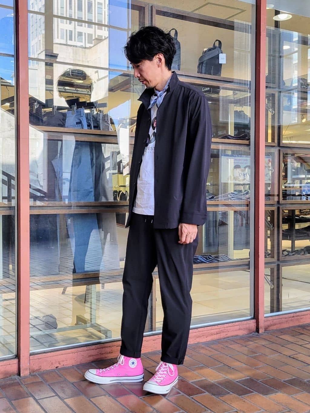 piroyaさんの「TAKEO KIKUCHI｜【3D ナイロン ストレッチ】スタンドカラー シャツブルゾン」を使ったコーディネート