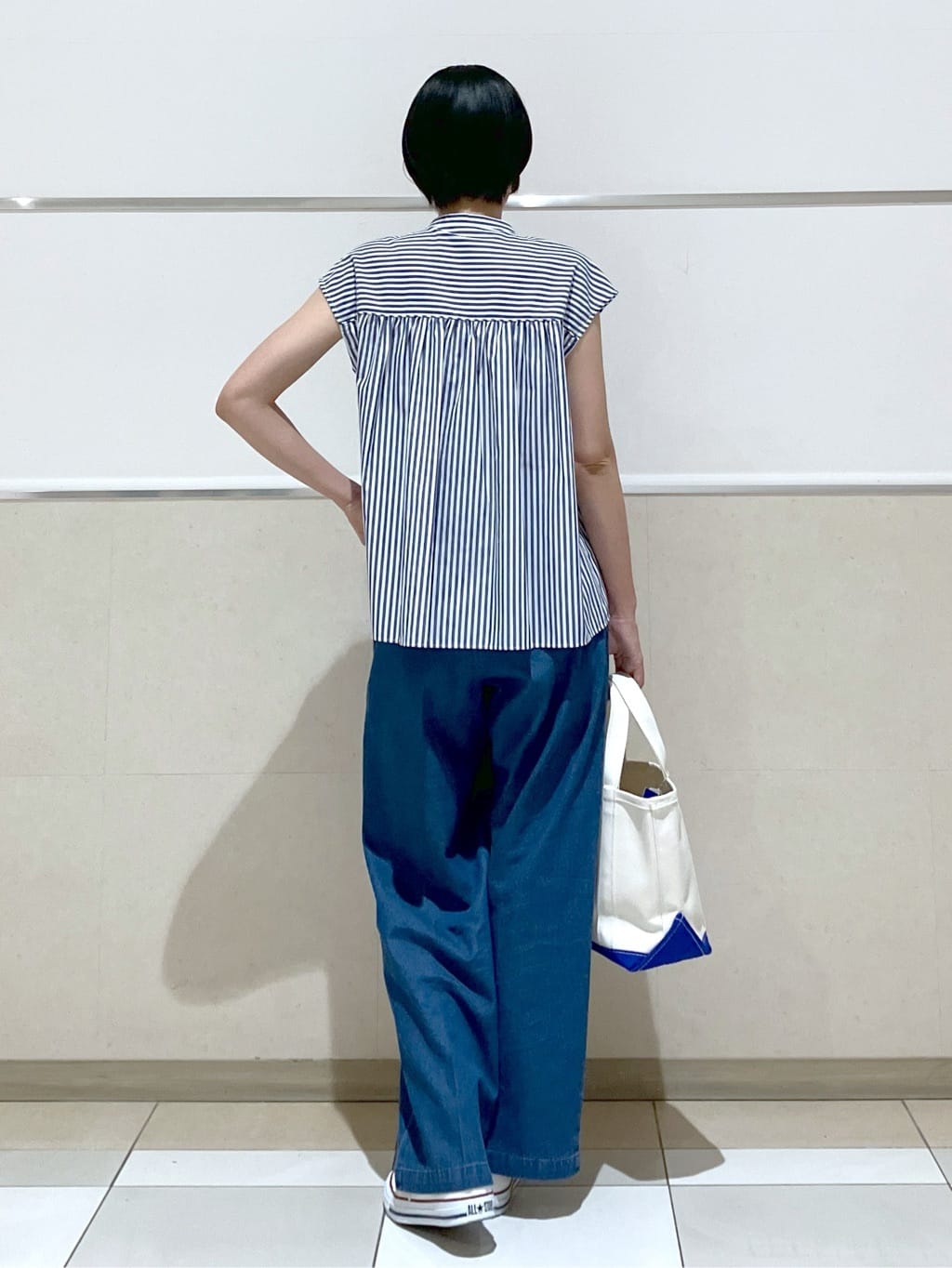 eriko さんの「Dessin｜【洗える】ストライプ柄ギャザーブラウス」を使ったコーディネート