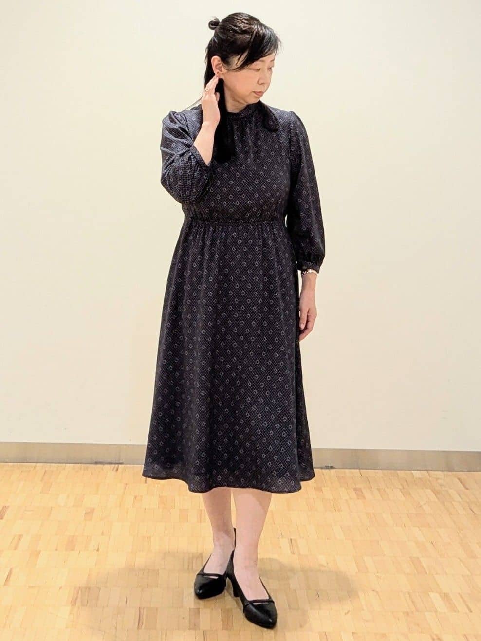 なおさんの「Reflect｜【きちんと見え／通勤／セレモニーにおすすめ◎】ドット&times;ダイヤ柄ワンピース」を使ったコーディネート