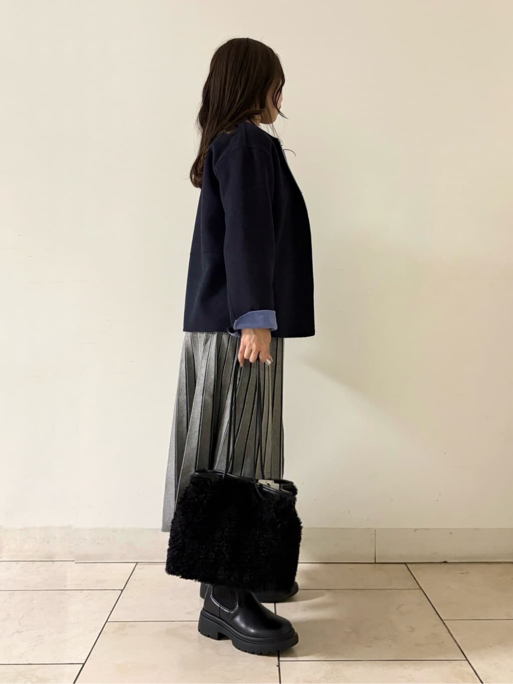 kahoさんの「INDIVI｜【配色デザイン／ショート丈】ウールリバー ノーカラーコート」を使ったコーディネート