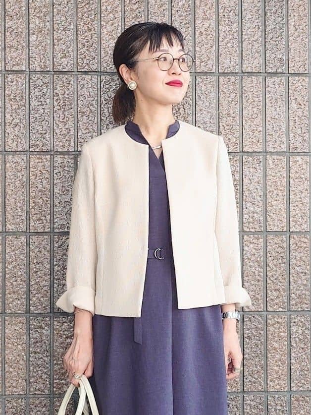 MUTSUKOさんの「UNTITLED｜【短丈/日本製】カラミ風メッシュ ノーカラージャケット」を使ったコーディネート