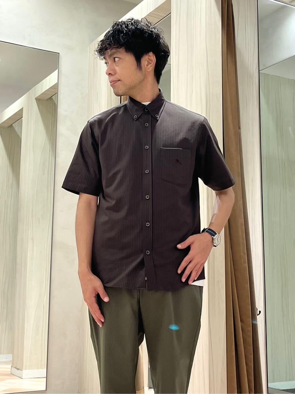 URAさんの「TAKEO KIKUCHI｜【COOL CITY WEAR】ストライプジャージ ボタンダウンシャツ /接触冷感」を使ったコーディネート