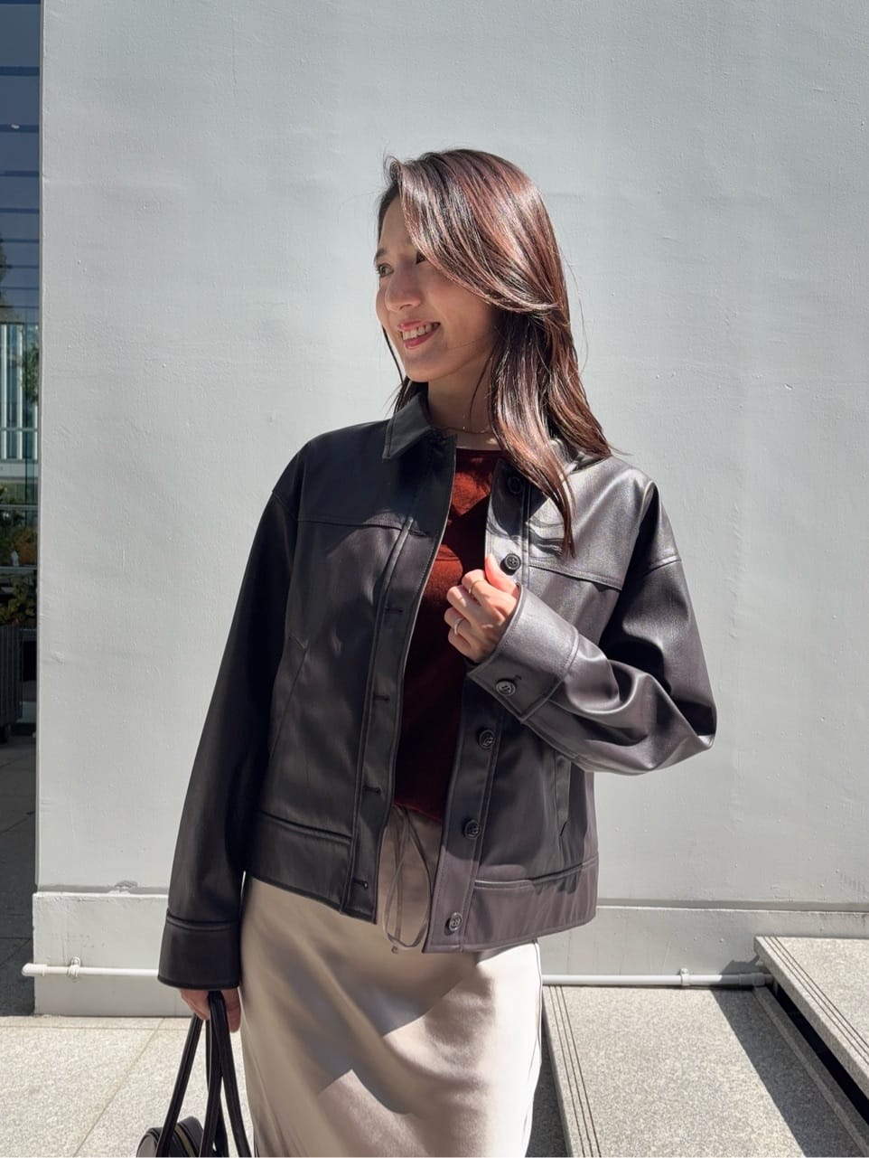 えりさんの「OPAQUE.CLIP｜シンセティックレザー調ブルゾン【洗える】」を使ったコーディネート