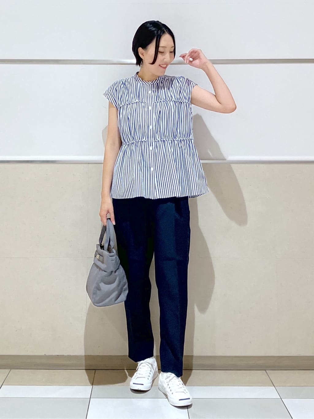 eriko さんの「Dessin｜【洗える】ストライプ柄ギャザーブラウス」を使ったコーディネート