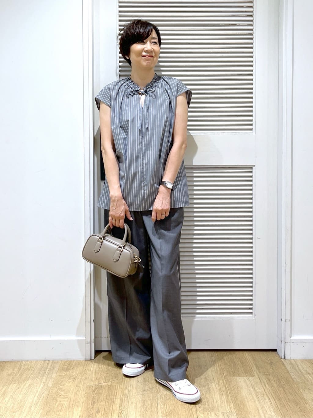 Miyazakiさんの「Dessin｜【洗える】ストライプ柄フレンチスリーブスキッパ―ブラウス」を使ったコーディネート