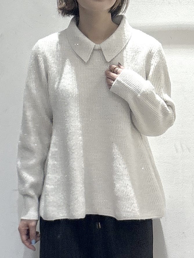 たけねぇさんの「OPAQUE.CLIP｜スパンコールラメ衿2WAYペプラムニット【洗濯機OK】」を使ったコーディネート