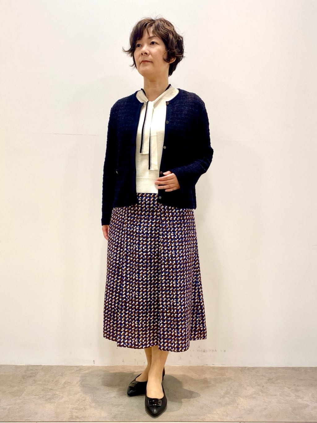 oharaさんの「Reflect｜【ニットスタイルが華やかに◎】チドリ風プリントフレアスカート」を使ったコーディネート