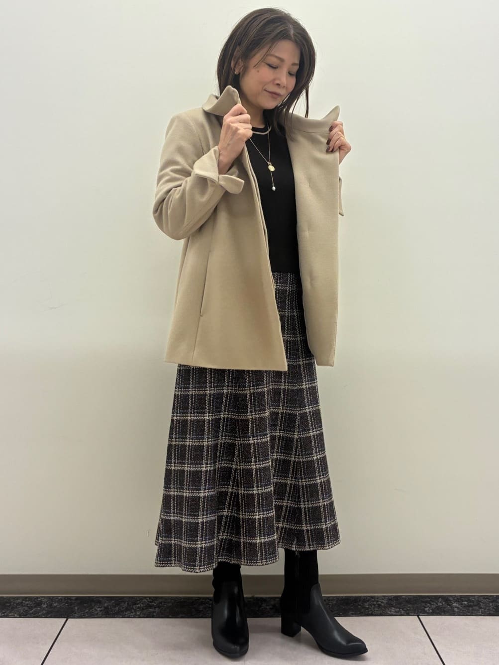 ちいさんの「Reflect｜【SS-4Lサイズ／衿が顔に当たらない◎】スタンドネックミドルコート」を使ったコーディネート
