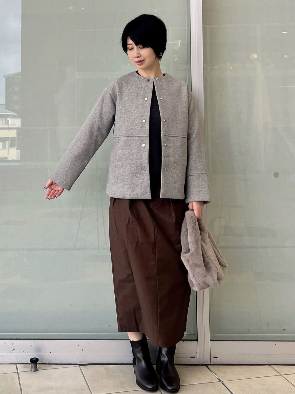 yo-koさんの「OPAQUE.CLIP｜ウールライクメルトンノーカラーコート【洗濯機洗い可】」を使ったコーディネート