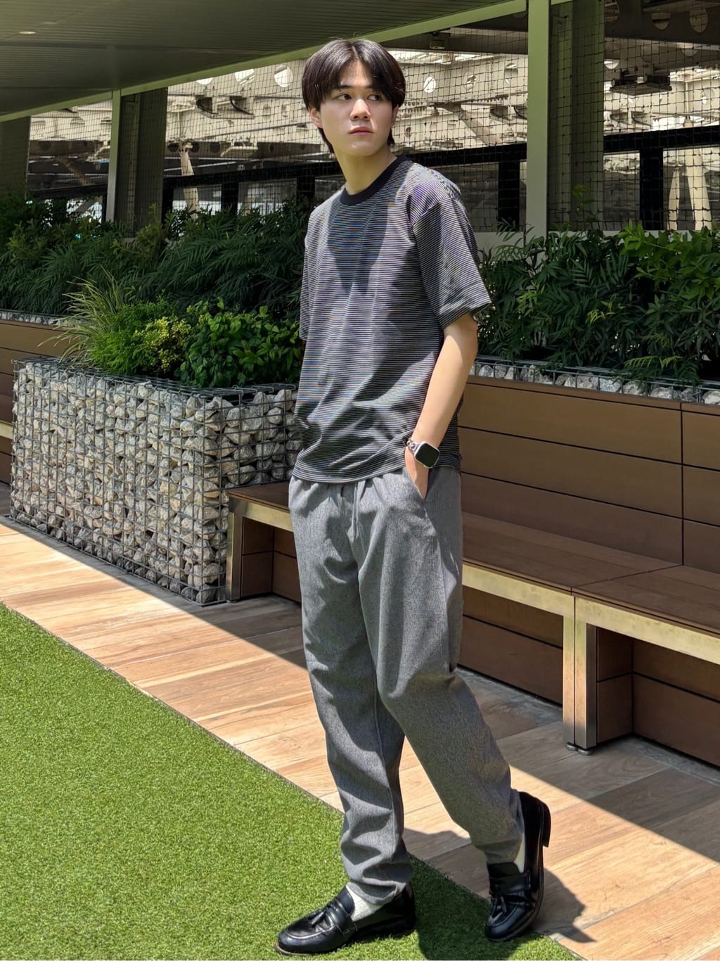 うらしーさんの「THE SHOP TK｜パーフェクテックボーダー 半袖Tシャツ 吸水速乾／洗濯機OK」を使ったコーディネート