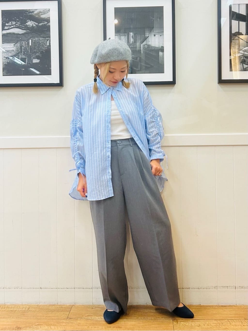 あんこさんの「SHOO･LA･RUE｜【S-LL】程よい透け感 ストライプ柄 お袖ギャザーデザインシャツ」を使ったコーディネート